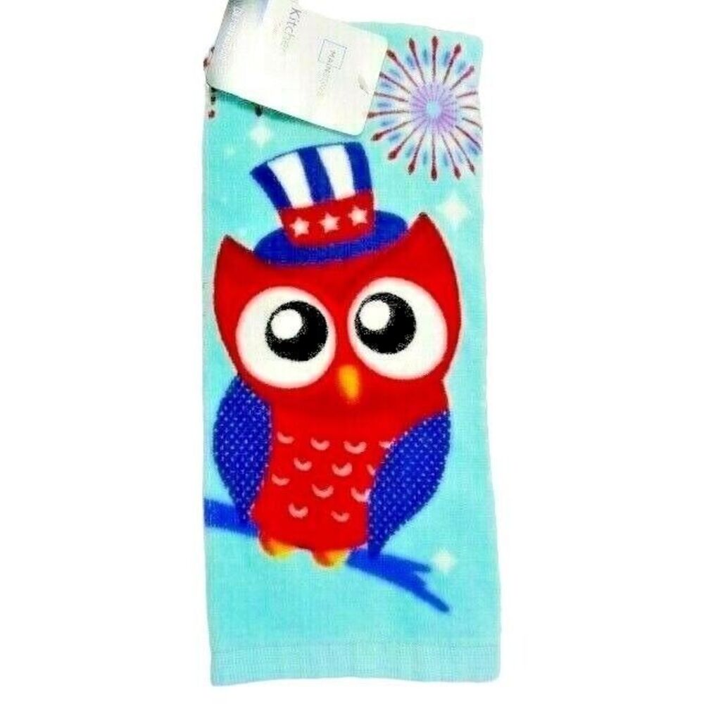 Patriotic Owl Kitchen 2-pc Towels Holiday Fireworks Bird Red White Blue on Teal
